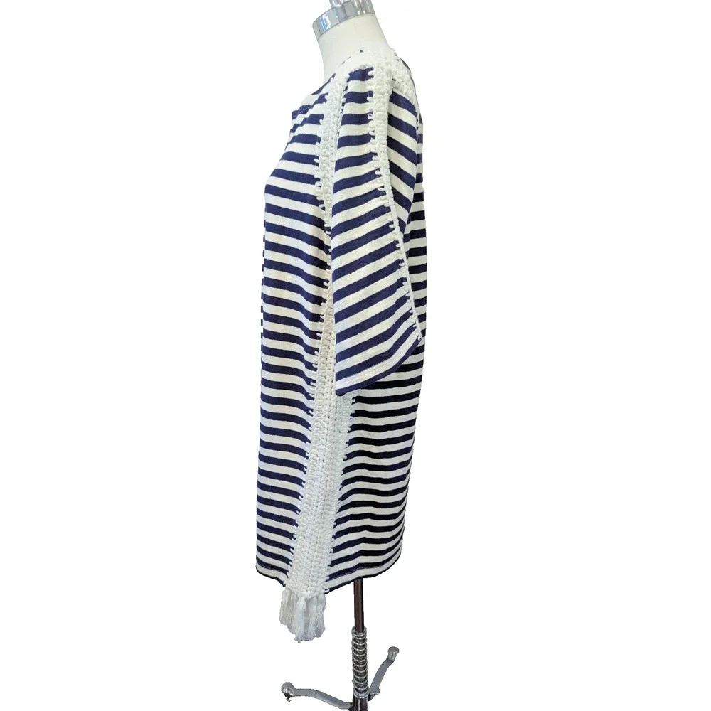 Anthropologie Pepin Nautical Stripe Cotton Tunic Dress Size L Crochet‎ Trim Navy